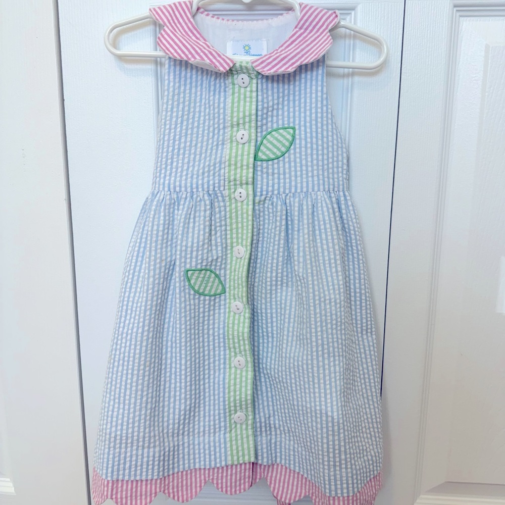 Florence Eiseman Striped Seersucker Dress Scalloped Collar Button Up 3T